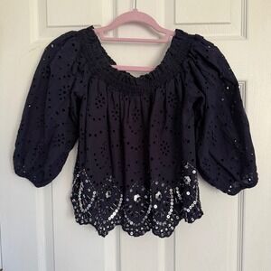 Express Navy Eyelet off the shoulder Sequin Beaded Boho Festival Fairy top XS